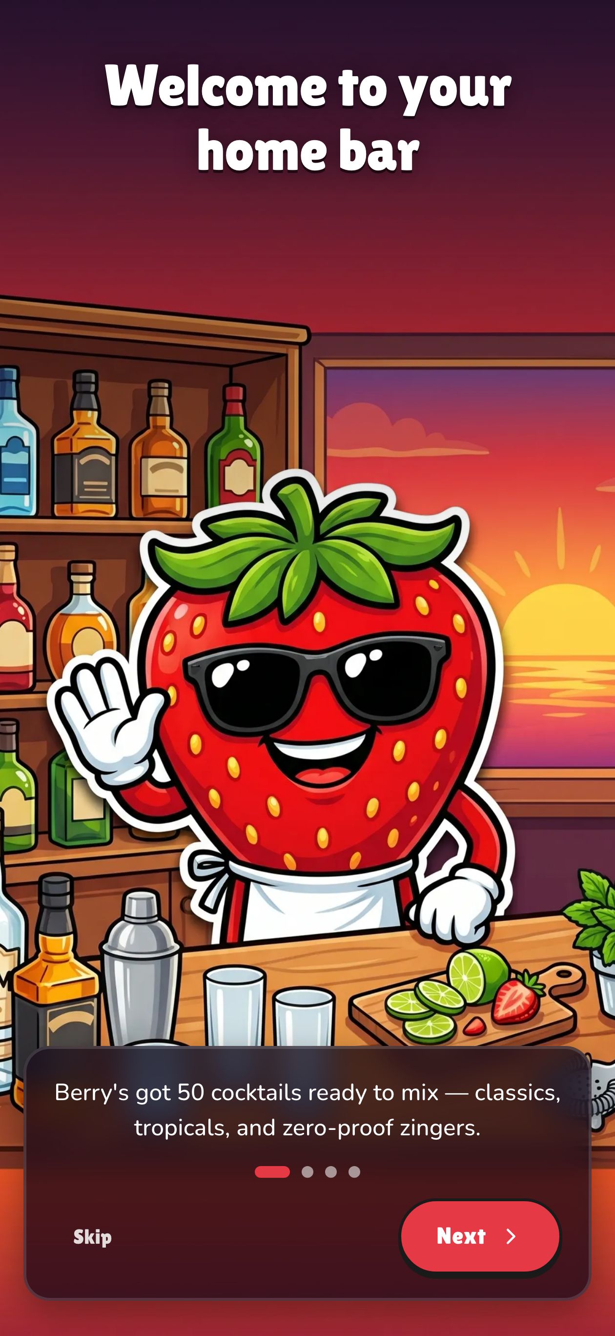 Welcome screen — Berry waves you into the bar